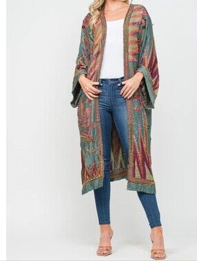 RAJ Meghan Boho Hunter Green Thick Stitch Embroidered Open Front Long Duster